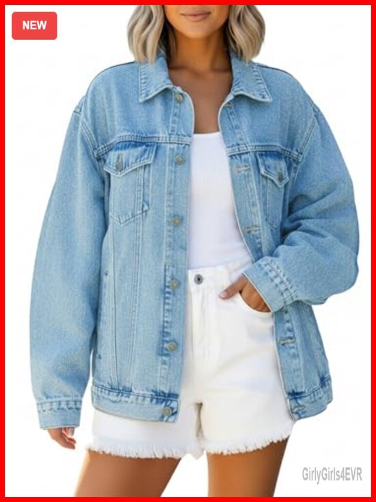 Jackets & Blazers - Oversized Boyfriend Denim Jacket Women Button Down Trucker Coat Drop Shoulder